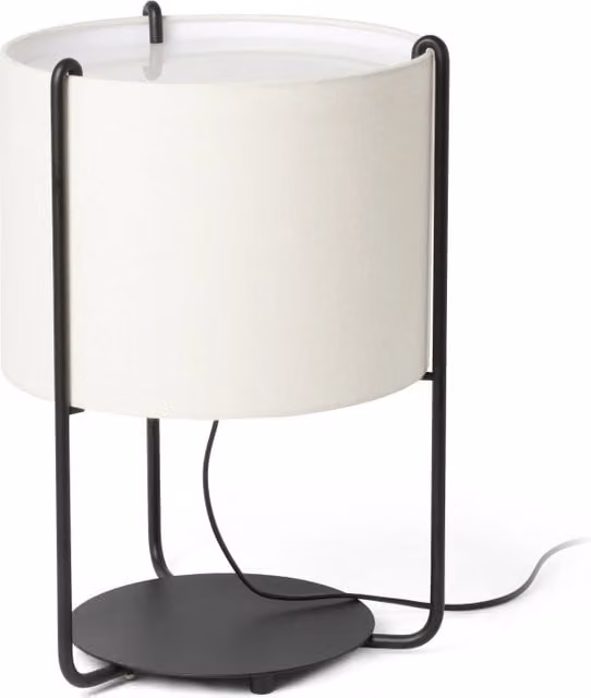 Lampada da Tavolo Drum Faro Barcelona in Metallo con Paralume in Tessuto Cilindrico, Disponibile in Bianco, Beige o Grigio – 1
