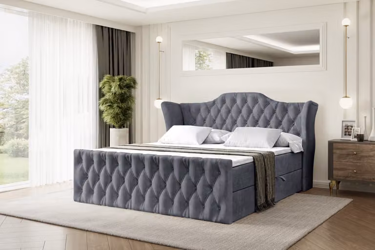 Letto boxspring ALTDECOR VILA-Z, letto imbottito con testiera, contenitore e pediera - Materasso rigido (H4) - 140x200 - Velluto grigio scuro