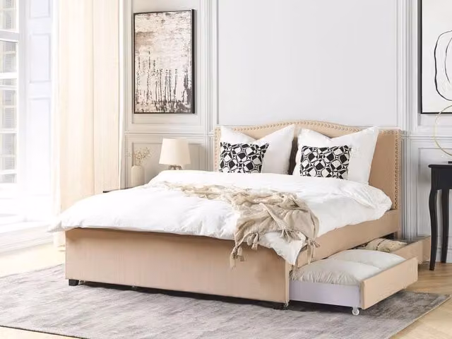 Letto Beliani imbottito con cassetti beige design classico L 160 x P 200 cm