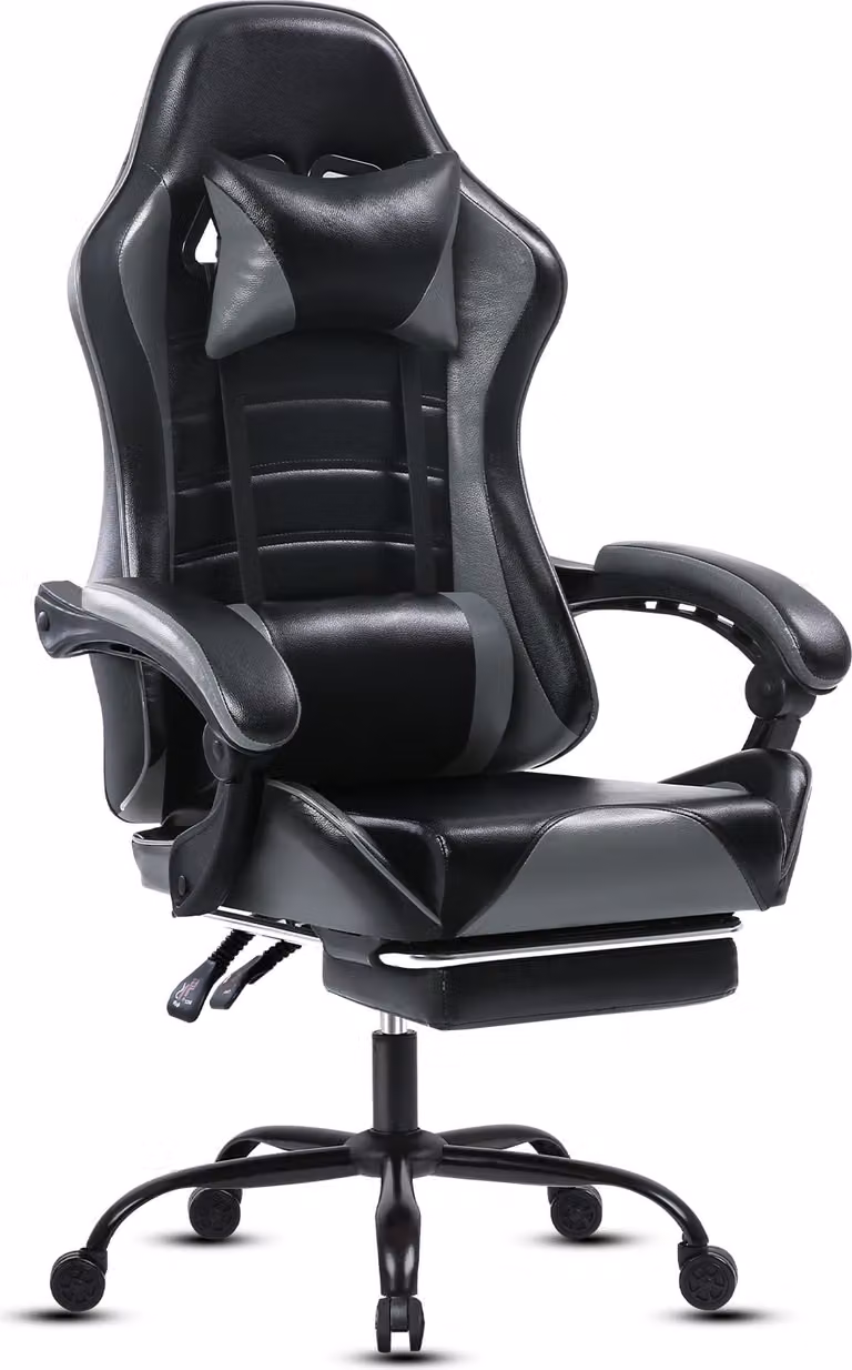 Sedia da gioco AIORBER, in Finto cuoio, con poggiapiedi, regolabile, con rotelle, ergonomica, sedia da ufficio, girevole a 360°, per camera da letto, ufficio, 65x65x123 cm, grigio