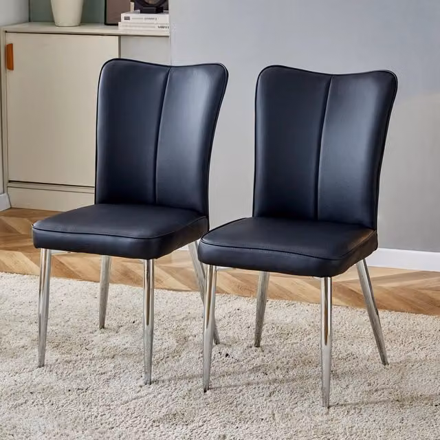 Set di 2 sedie da sala da pranzo OKWISH in ecopelle nera con schienale ergonomico e gambe in metallo nero e argento