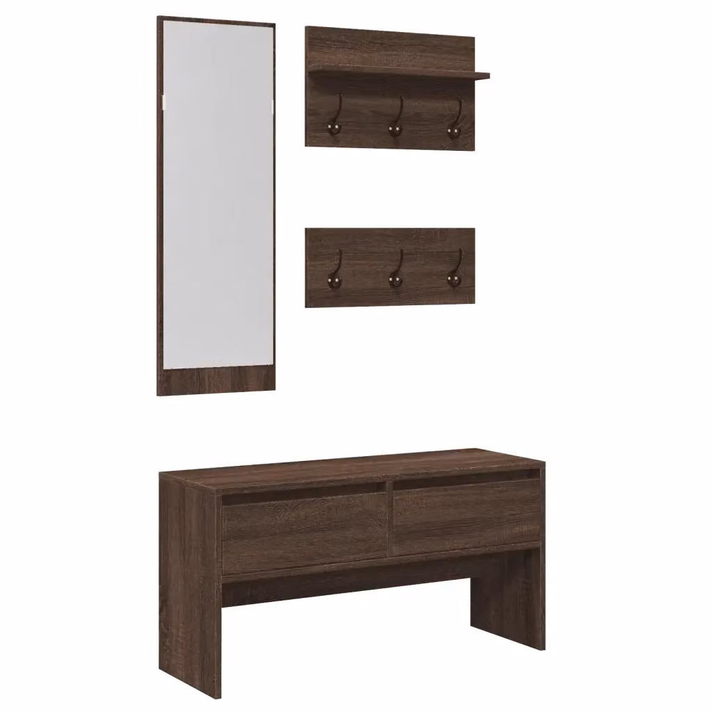 Set Mobili da Ingresso Moderno vidaXL in Legno e Metallo Marrone con Panca, Specchio e Pannello con Ganci – 2