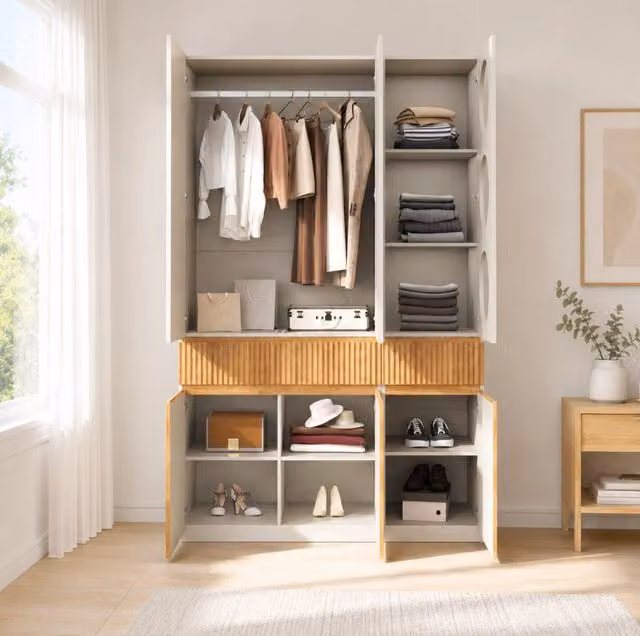 Armadio guardaroba 6 ante 135x50x200 cm con 2 cassetti e appendiabiti; rovere chiaro e grigio