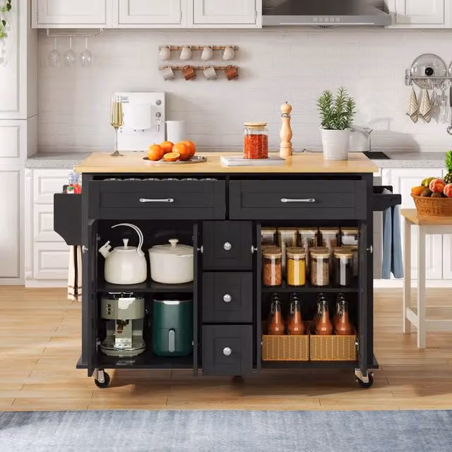 Carrello cucina multifunzione WISHDOR con piano ribaltabile, 5 cassetti e ruote frenanti, nero e naturale, L/P/H: 76,7 x 40 x 89 cm