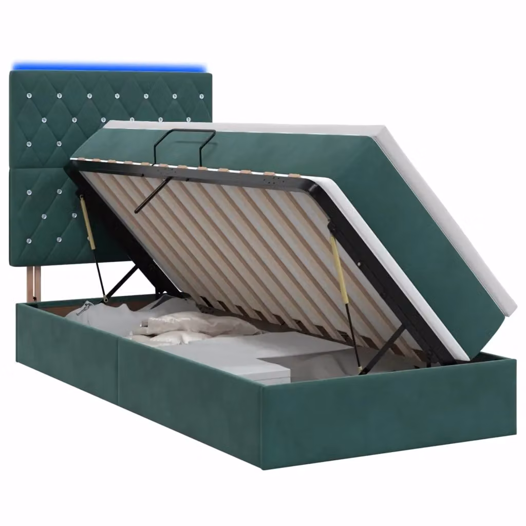 Letto con contenitore vidaXL in velluto verde scuro con illuminazione LED e porta USB, L/P/H: 90 x 200 x 128 cm – 2