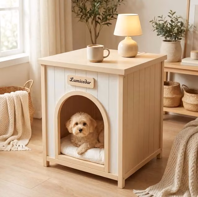 Cuccia per animali in legno con cuscino removibile; bianco crema; 64;6 × 57;8 × 20;1 cm