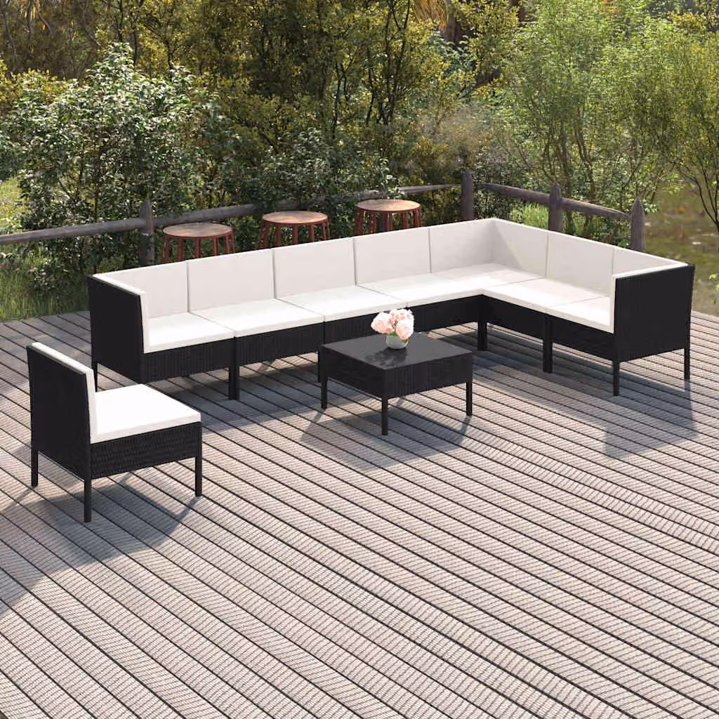 Set Divani da Giardino vidaXL 9 Pezzi con Cuscini, Polyrattan e Struttura in Acciaio Verniciato a Polvere, Colore Nero e Bianco