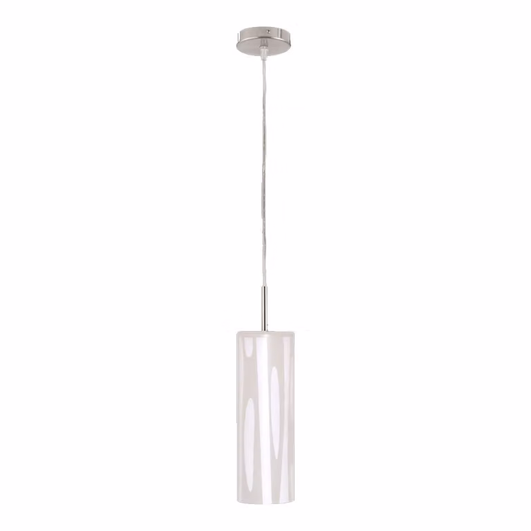 Lampada a sospensione SOLEI, 1 attacco E27/40W, finitura nickel satinato/bianco opaco. Dimensioni: lunghezza 140, larghezza 140, altezza 1080. Dimmerabile