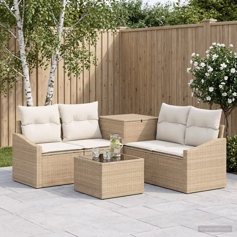 Set di divani da giardino vidaXL in polyrattan con forma a L, colore beige e bianco crema, composto da 6 pezzi con tavolino e cuscini inclusi