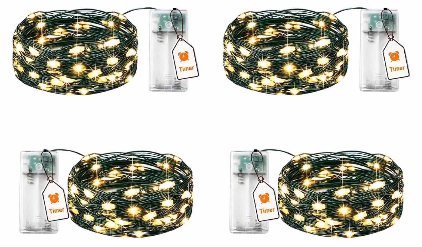 Set di 4 catene luminose con timer, alimentate a batteria, colore verde