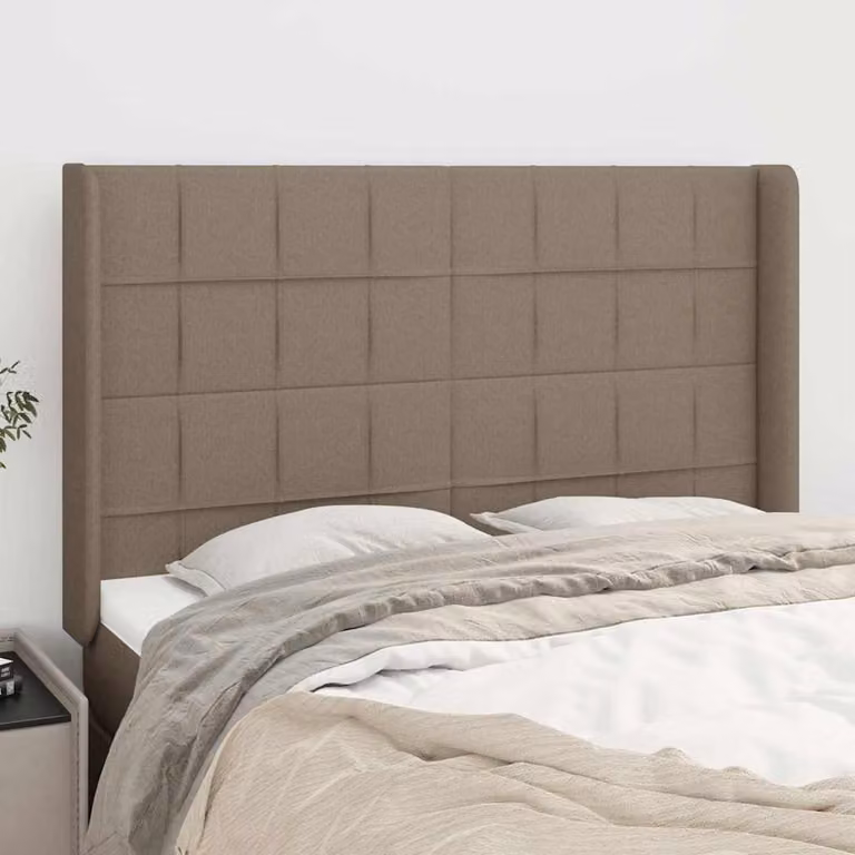 Testiera ad orecchio vidaXL in tessuto color tortora con struttura in legno L: 147 cm, P: 16 cm, H: 118-128 cm