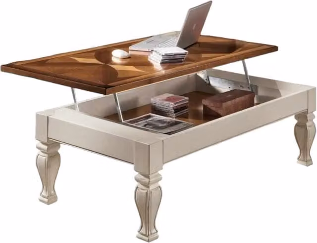 Tavolino piano rialzabile in legno bianco stile shabby Mobili 2G L: 80 cm, P: 80 cm, H: 48 cm