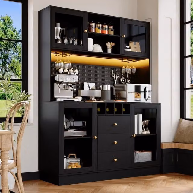 Armadio Alto da Cucina con Luce LED, Ripiani e Portabottiglie ¨C Xylo ¨C Nero