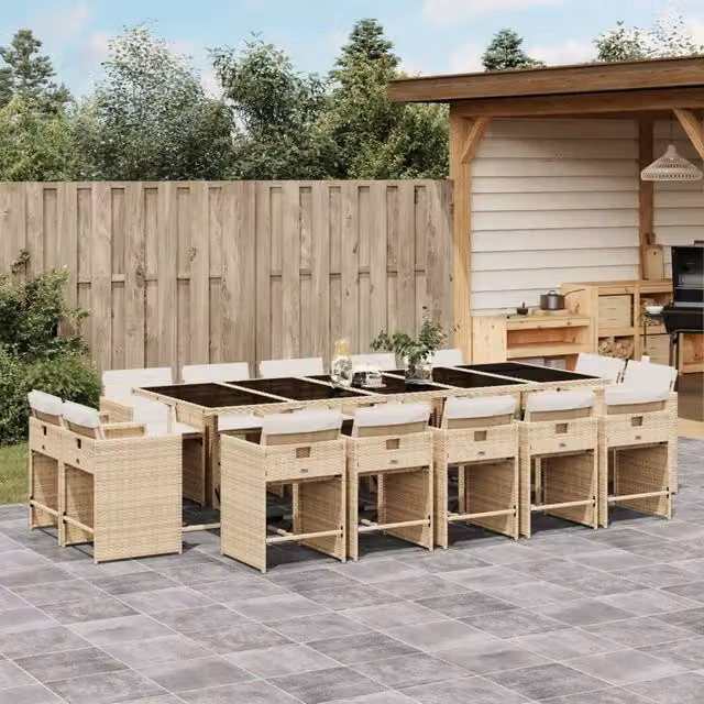 Set da Pranzo da Giardino 15 pz con Cuscini Beige in Polyrattan 3278001