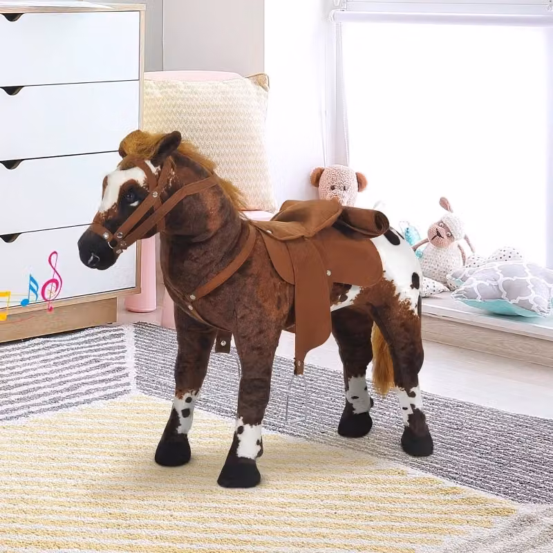 Cavallo giocattolo in peluche marrone con sella e suoni per bambini dai 2 anni in su – 2