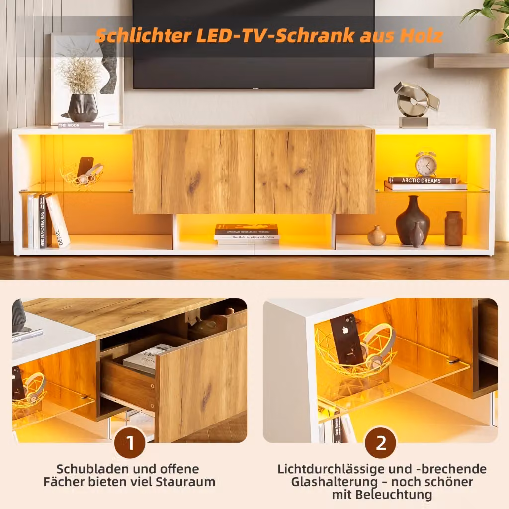 Mobile TV moderno REDOM con illuminazione LED integrata, finitura bianco e rovere, L/P/H: 160 x 40 x 42 cm – 2