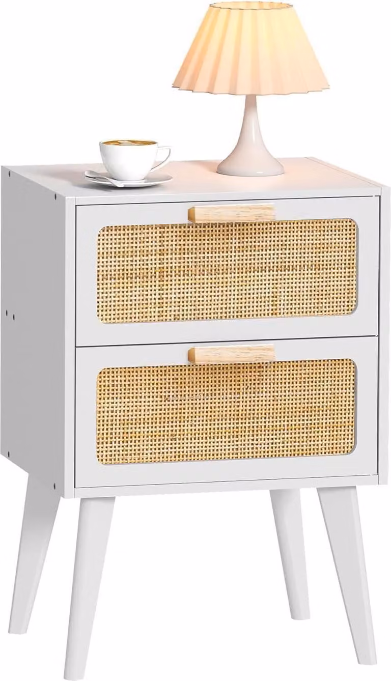 Comodino in rattan con 2 cassetti in rattan decorati a mano, Boho
