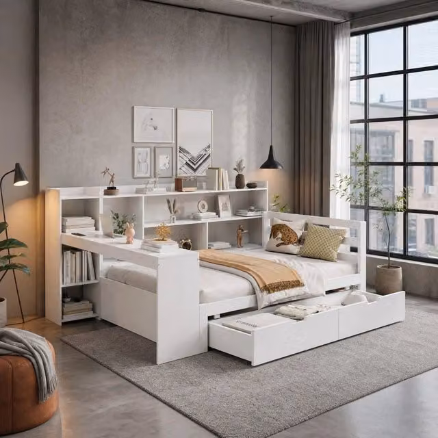 Divano letto in legno massiccio 90x200 cm con scrivania, scaffali e prese di corrente, colore bianco