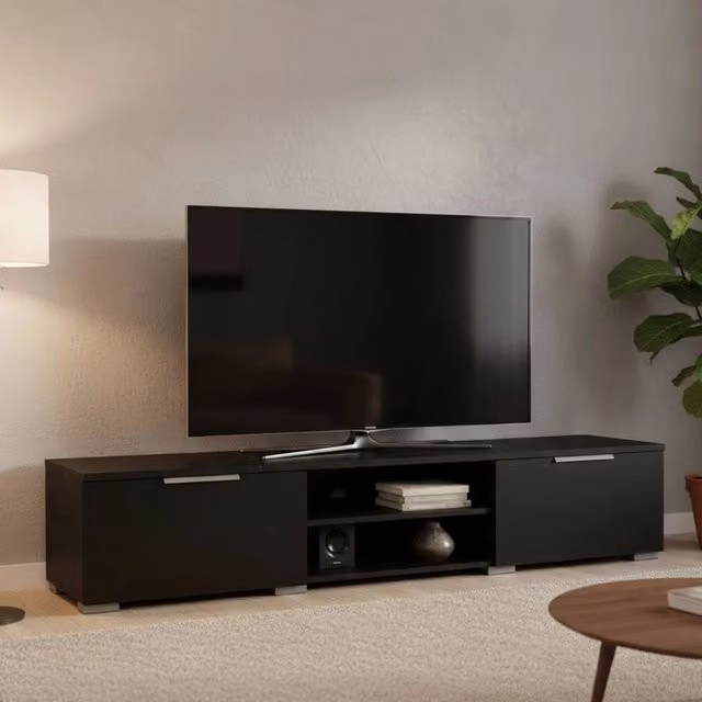 Mobile porta TV DMORA Ammiro, Credenza moderna per soggiorno in legno nero opaco, L 173 cm x P 40 cm x H 33 cm