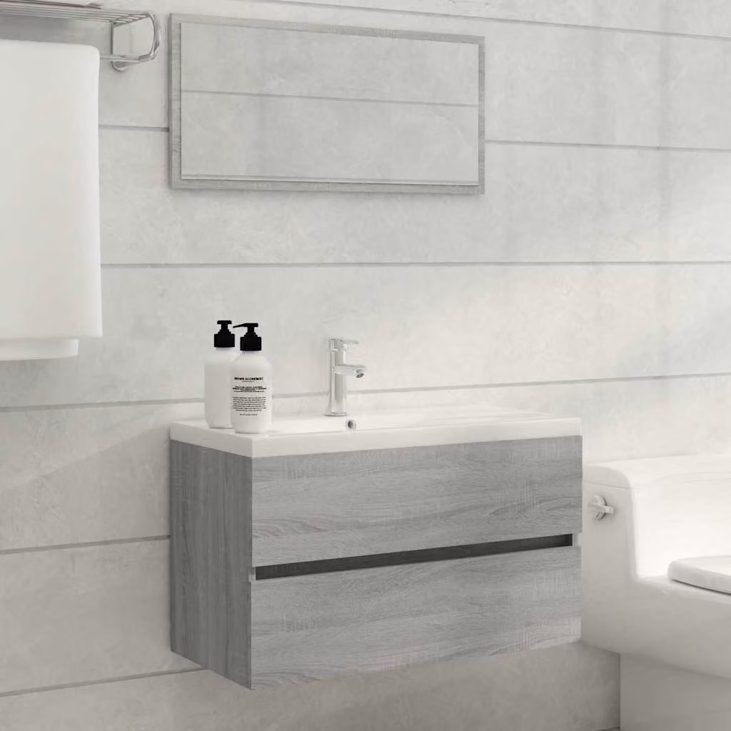 Set Mobili da Bagno Moderno vidaXL in Grigio con Mobile Lavabo e Armadietto con Specchio, L/P/H: 80 x 38,5 x 45 cm