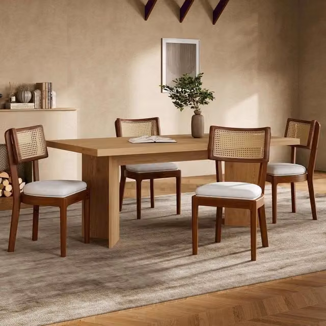 Set 4 Sedie da Pranzo ¨C Minimal ¨C Legno massello noce, schienale rattan, rivestimento lino, stile moderno