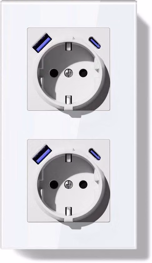 Prese a incasso con USB-A e USB-C da 20W PD | Doppia presa, 16A | Cornice bianca, standard Schuko