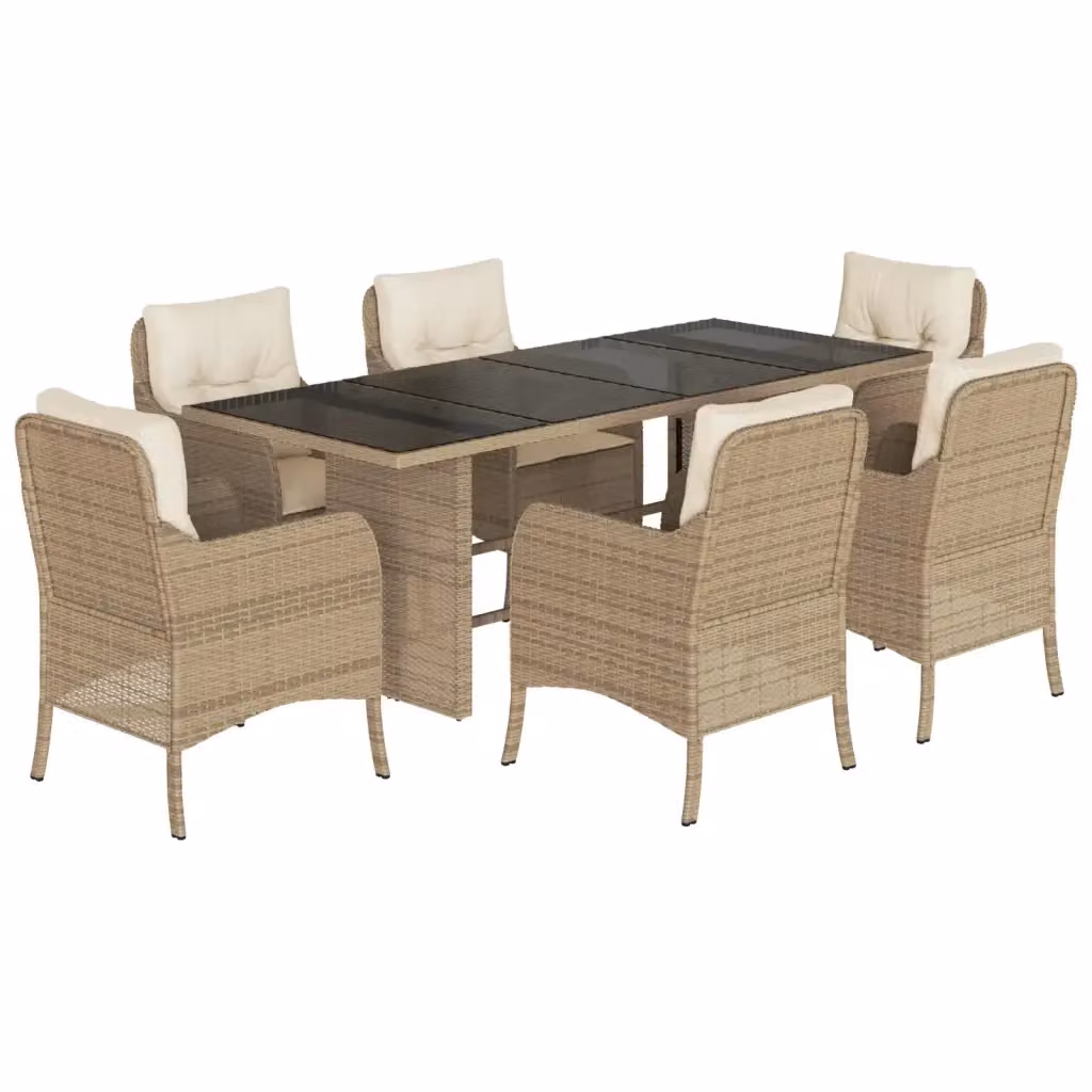 Set da pranzo da giardino vidaXL in polyrattan con cuscini beige e tavolo in vetro, 7 pezzi – 2