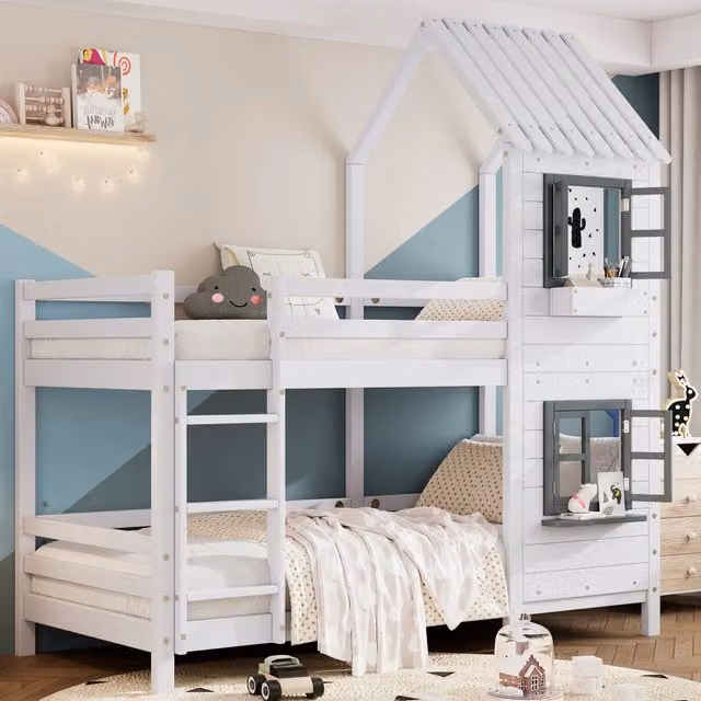 Letto a castello per bambini REDOM in legno e MDF con cassetti e scala, design a casetta, Bianco-Grigio, L/P/H: 200 x 96 x 229,5 cm