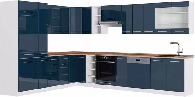 Cucina angolare moderna Vicco Fame-Line Blu scuro lucido e Bianco con dettagli Rovere, L: 347 cm x P: 257 cm