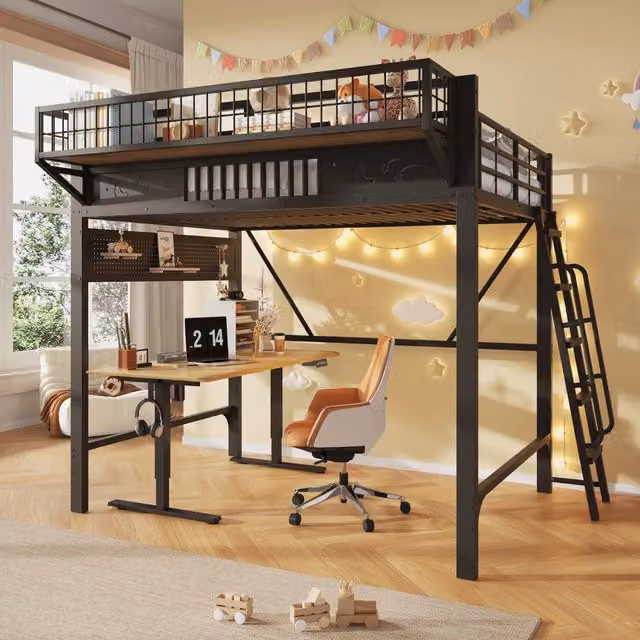 Letto a soppalco per bambini 140x200 cm; in metallo con vani portaoggetti integrati e spazio inferiore aperto; nero