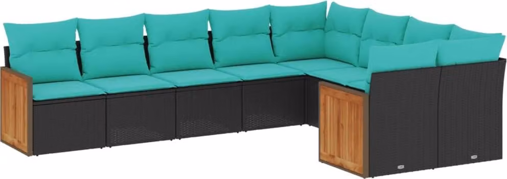 Set Divani da Giardino 9 pz con Cuscini Nero in Polyrattan