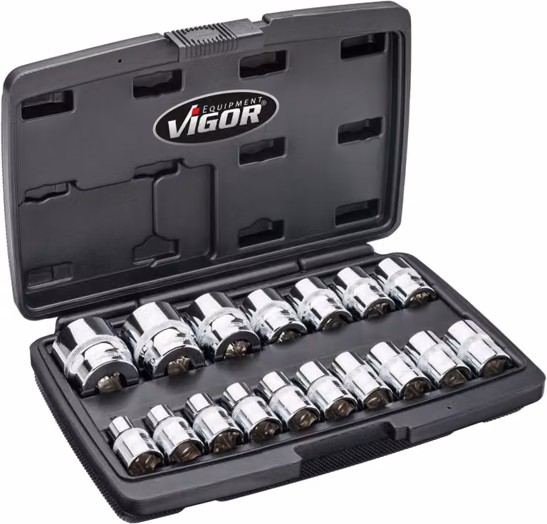 VIGOR V7512/17 Set di chiavi a bussola a doppio esagono ∙Quadro cavo da 1/2 pollice (12,5 mm) ∙ Profilo esterno a doppio esagono ∙ Numero di utensili: 17