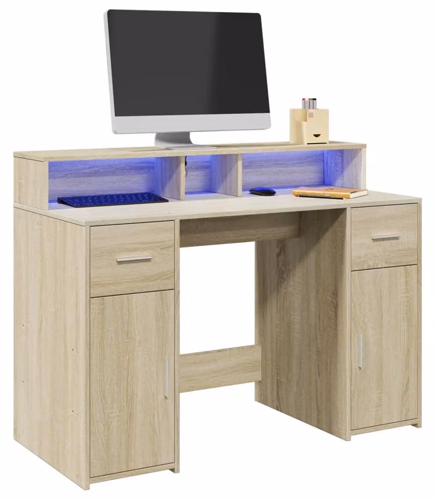 Scrivania per laptop e tablet - Tavolo da lavoro - Scrivania - Piano di lavoro per laptop - Postazione di studio - Legno di quercia Sonoma - Illuminazione LED RGB