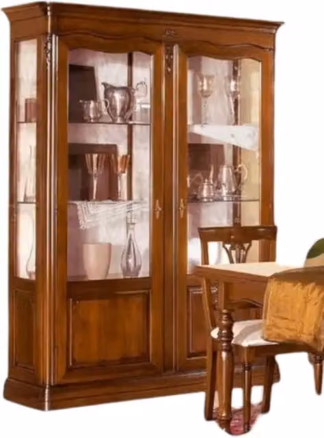 Vetrina Mobili 2G in legno con intarsio a capitello e ante in vetro, colore noce, L: 148 cm, P: 50 cm, H: 205 cm – 1