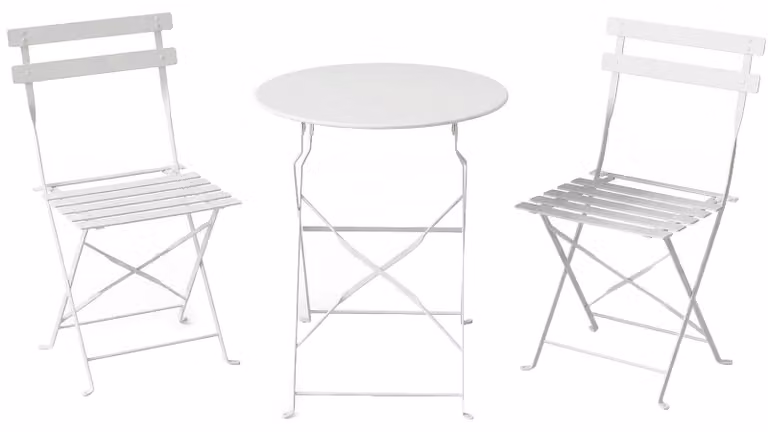 Set Bistrò da Esterno con Tavolo e 2 Sedie Pieghevoli in Metallo e Plastica Bianco