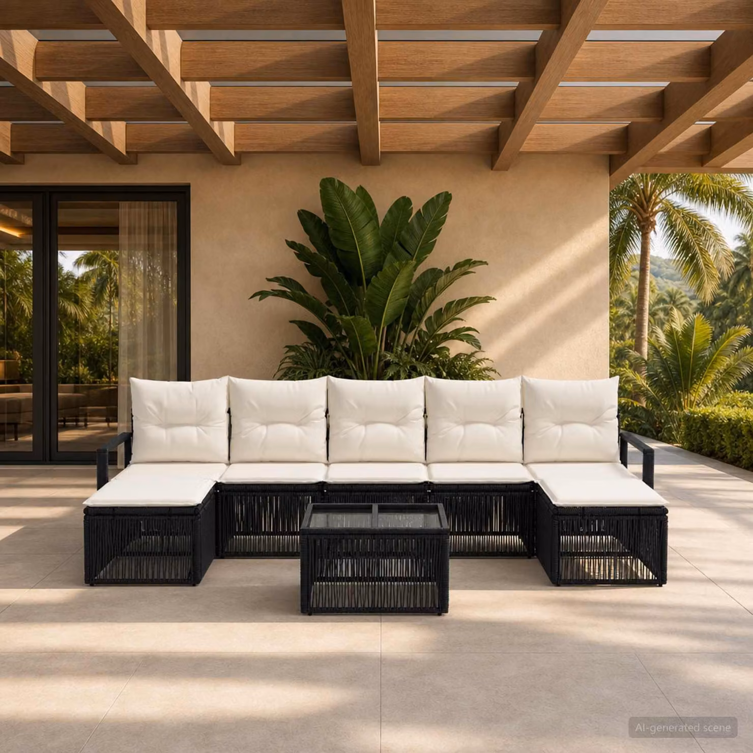 Set Divano da Giardino vidaXL 8 pz Nero in Polyrattan con Cuscini e Tavolino, Design Moderno a Forma di U con Struttura in Acciaio e Rivestimenti Rimovibili