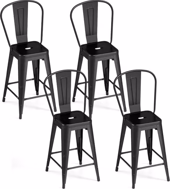 Set 4 sgabelli da bar metallo schienale rimovibile poggiapiedi, Sgabelli impilabili per isola cucina e salotto e bistrot
