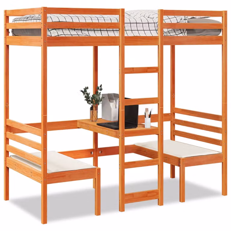 vidaXL Letto Soppalco Singolo in Legno di Pino con Scrivania e Sedie, Marrone Cera, 90 x 190 cm