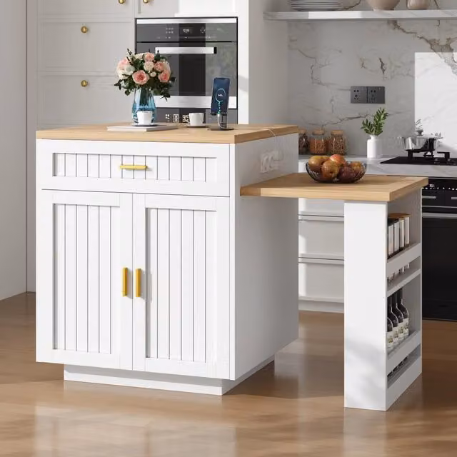 Carrello da cucina allungabile con cassetto, 2 ante, ripiani regolabili e prese integrate, bianco, 121.5 × 70 × 92 cm