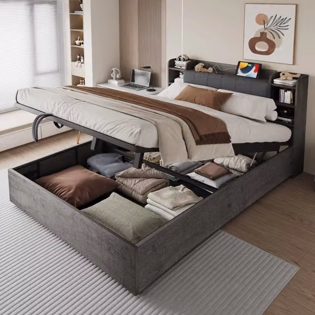 Letto Contenitore Matrimoniale in Legno con USB ¨C MINIMAL ¨C Grigio 180x200