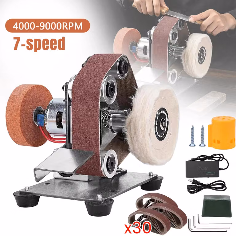 Mini smerigliatrice a nastro elettrica - Macchina multifunzione per la levigatura - 7 livelli di velocità - 4000–9000 giri/min - 30 nastri abrasivi - 3,05 × 33,02 cm - Spina di tipo europeo
