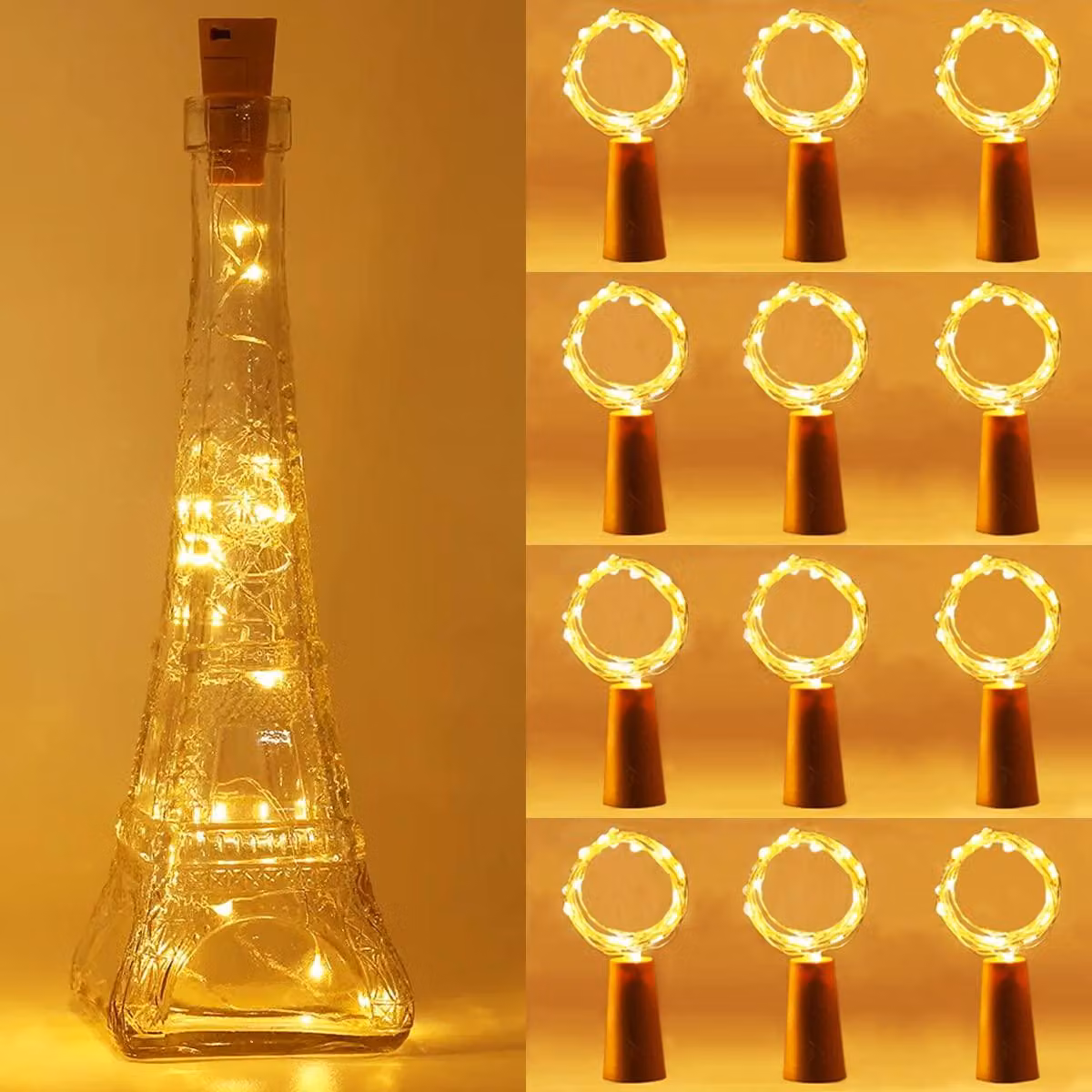 Catena luminosa a LED per bottiglie, con 20 LED bianco caldo, lunghezza 2 metri, con tappi in sughero, confezione da 12 pezzi