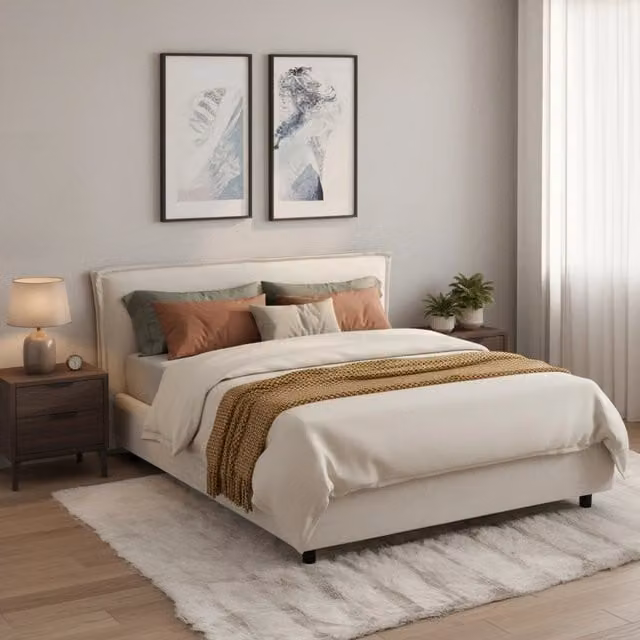 Letto alla francese DMORA con contenitore a sollevamento, rivestimento sfoderabile in tessuto, Beige e Nero, L 120 x P 200 cm – 1