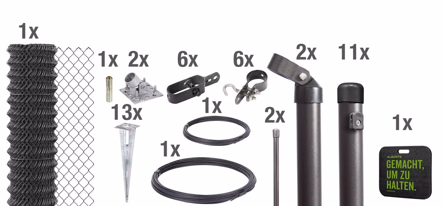Alberts 631024 Recinzione in rete metallica, set completo, con basamenti da interrare e rinforzi angolari, antracite metallizzato, altezza 175 cm, lunghezza 25 m