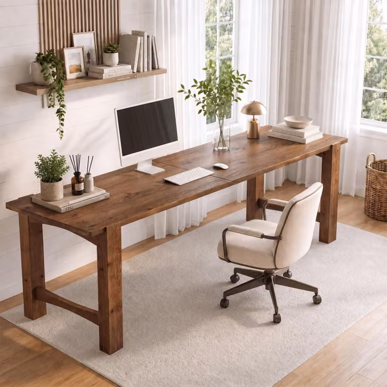 Scrivania in legno massello, particolarmente lunga, ideale per computer, circa 200 cm. Scrivania in stile rustico con gambe massicce e ampia superficie di lavoro, adatta per l'ufficio domestico, colore marrone