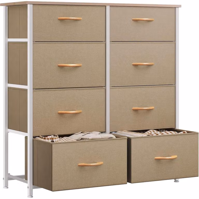 Comodino contenitore con 8 cassetti in tessuto, colore kaki, dimensioni 85,6 x 29,8 x 89 cm