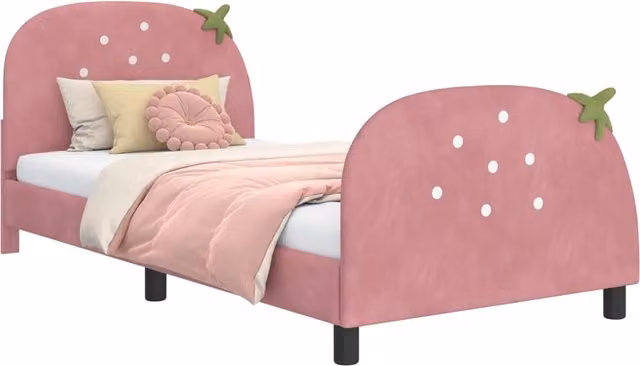 Letto infantile moderno in velluto rosa con struttura in legno per cameretta bambini L 90 x P 200 cm