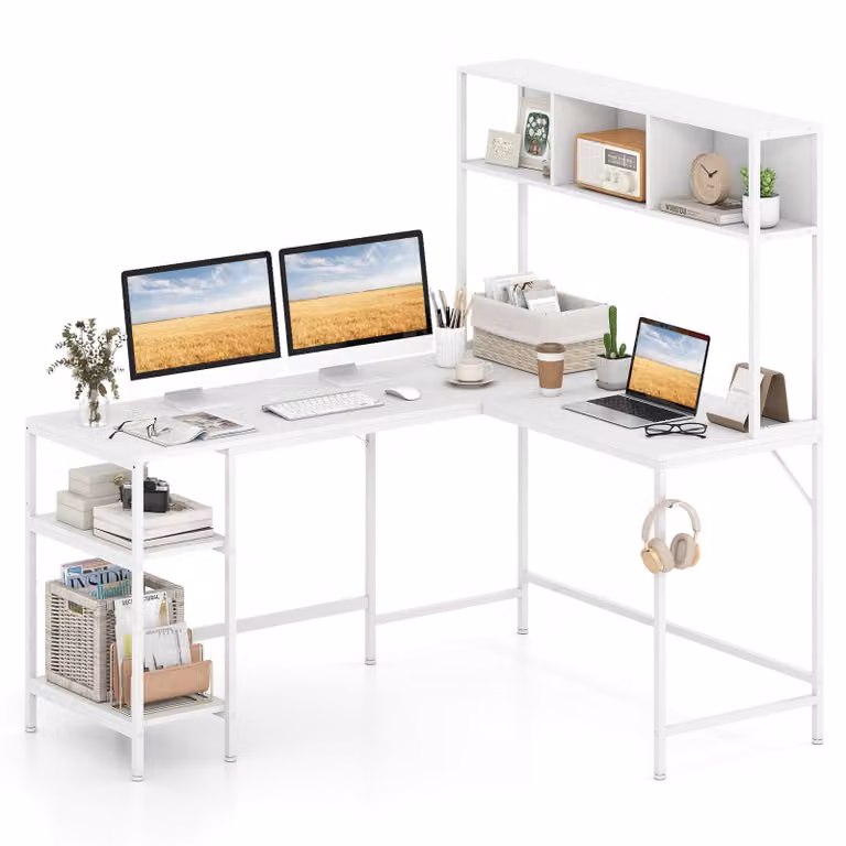 COSTWAY Scrivania, scrivania angolare con libreria, 2 ripiani e gancio per cuffie, scrivania da gioco 150x120cm, scrivania in legno per computer, scrivania da lavoro, bianco