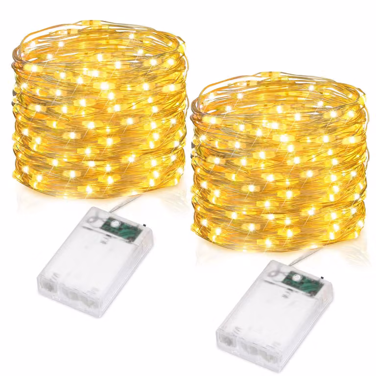 Catena luminosa a LED, 10 metri, 100 LED, luce bianco caldo, alimentazione a batteria, confezione da 2 pezzi