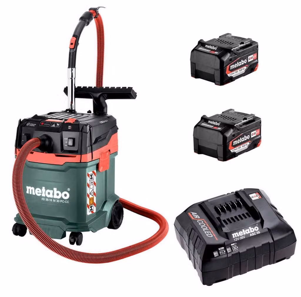 Aspirapolvere a batteria portatile Metabo AS 36-18 M 30 PC-CC, con 2 batterie CAS da 4,0 Ah e caricabatterie ASC55